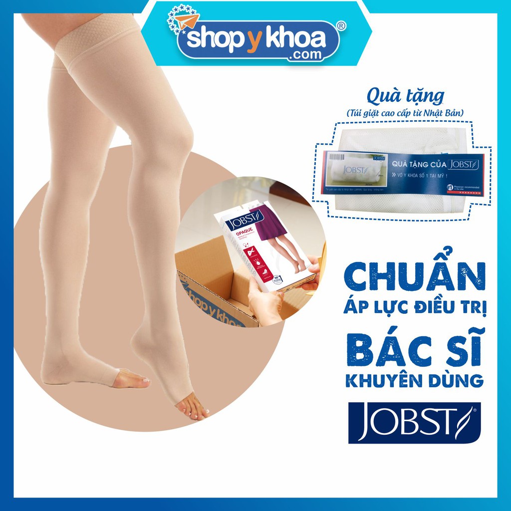 Vớ y khoa đùi silicone JOBST Opaque - Mỏng, màu da, hở ngón, 20 - 30 mmHg, điều trị giãn tĩnh mạch chân (tất y khoa)