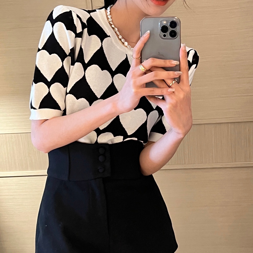 SUXI Áo Dệt Kim Tay Ngắn Phồng Cổ Tròn Họa Tiết Trái Tim Phong Cách Retro Hợp Thời Trang Mùa Hè