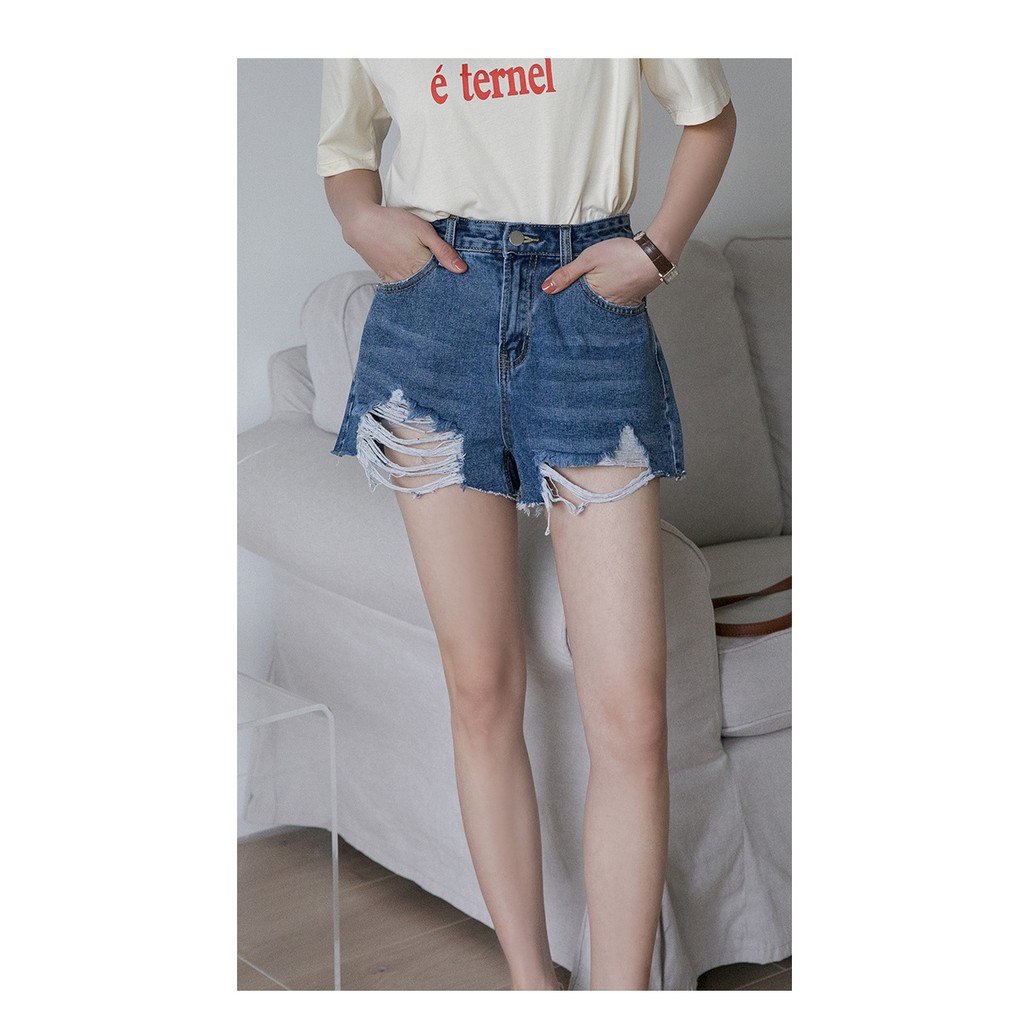 Quần Short Jean Nữ Ống Rộng Lưng Cao Rách Màu Xanh Đậm Ulzzang Hàn Quốc Quần Đùi Bò Cạp Cao Denim Hàn Quốc