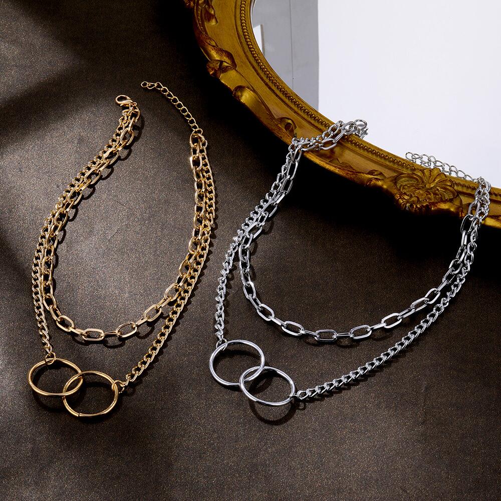 Vòng Cổ Choker Hai Lớp Mặt Nhẫn Hợp Kim Phong Cách Punk Hip Hop Cổ Điển Thời Trang Cho Nữ