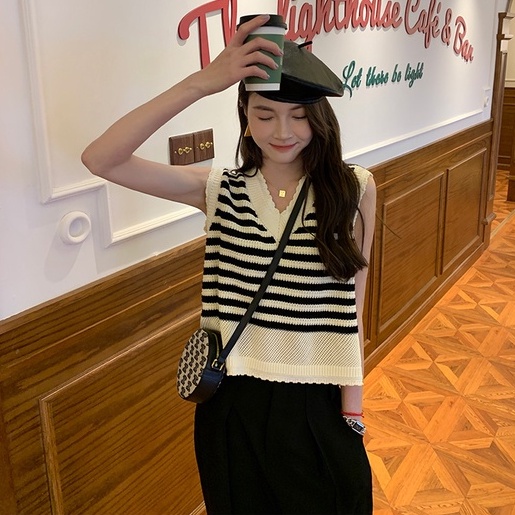 【ZHELIHANGFEI】Áo Dệt Kim Không Tay Cổ Chữ V Họa Tiết Kẻ Sọc Quyến Rũ