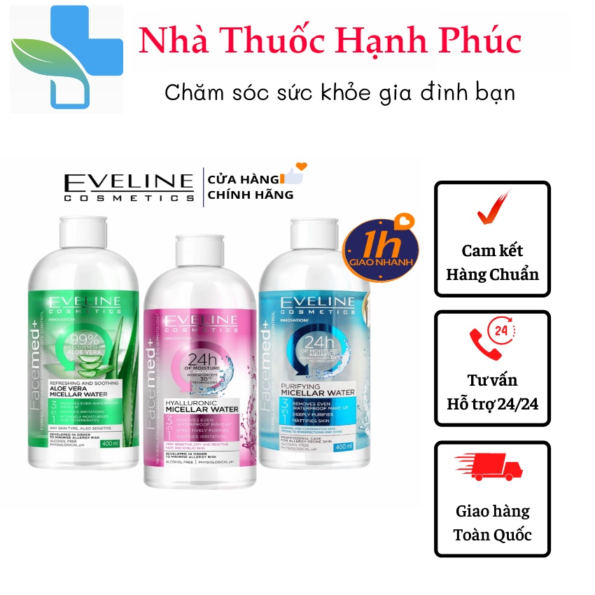 Nước tẩy trang Eveline Facemed+ Micellar 3 in 1 tẩy sạch cho mặt-mắt-môi, giữ ẩm cho da