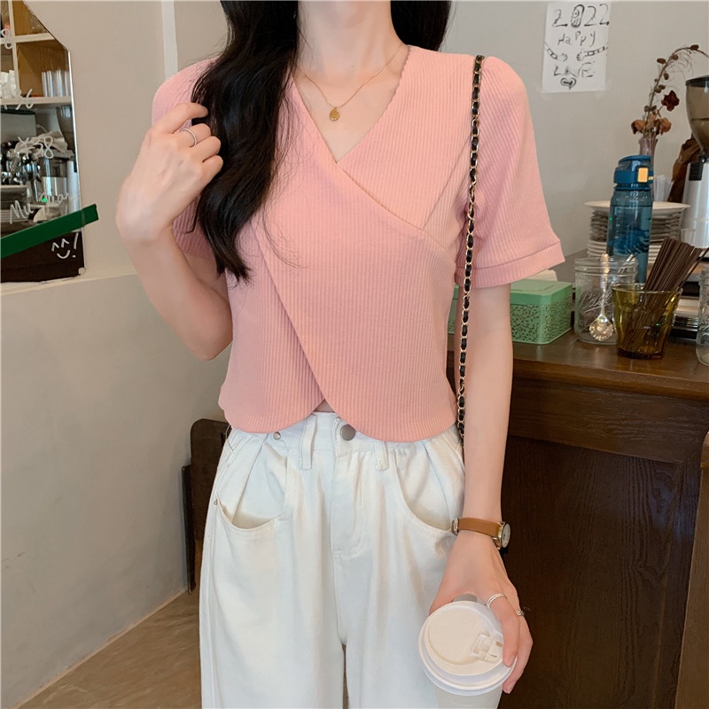 SUXI Áo Tay Ngắn Cổ Chữ V Màu Sắc Đơn Giản Thời Trang Mùa Hè Dành Cho Nữ