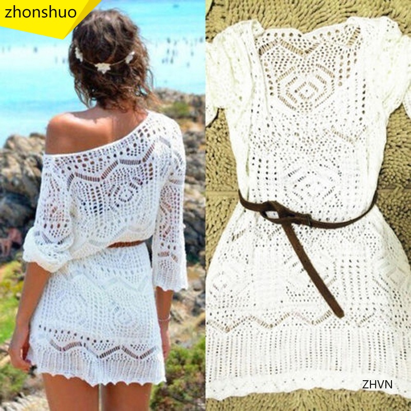 Áo Choàng Bikini Dệt Kim Phối Ren Màu Trắng Phong Cách Boho Quyến Rũ Thời Trang Đi Biển Cho Nữ
