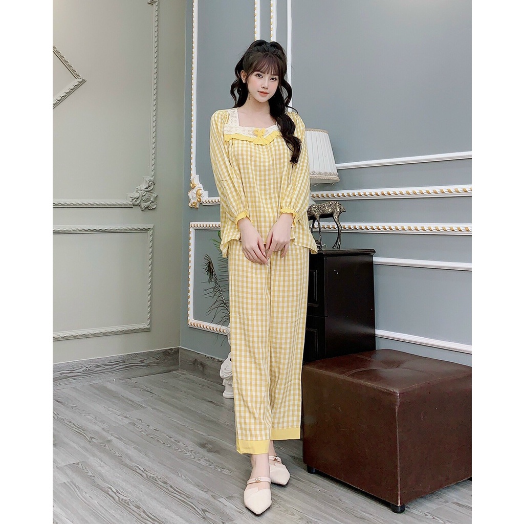 Bộ đồ bầu dài tay M414 chất đũi kẻ caro freesize từ 45 đến 70kg