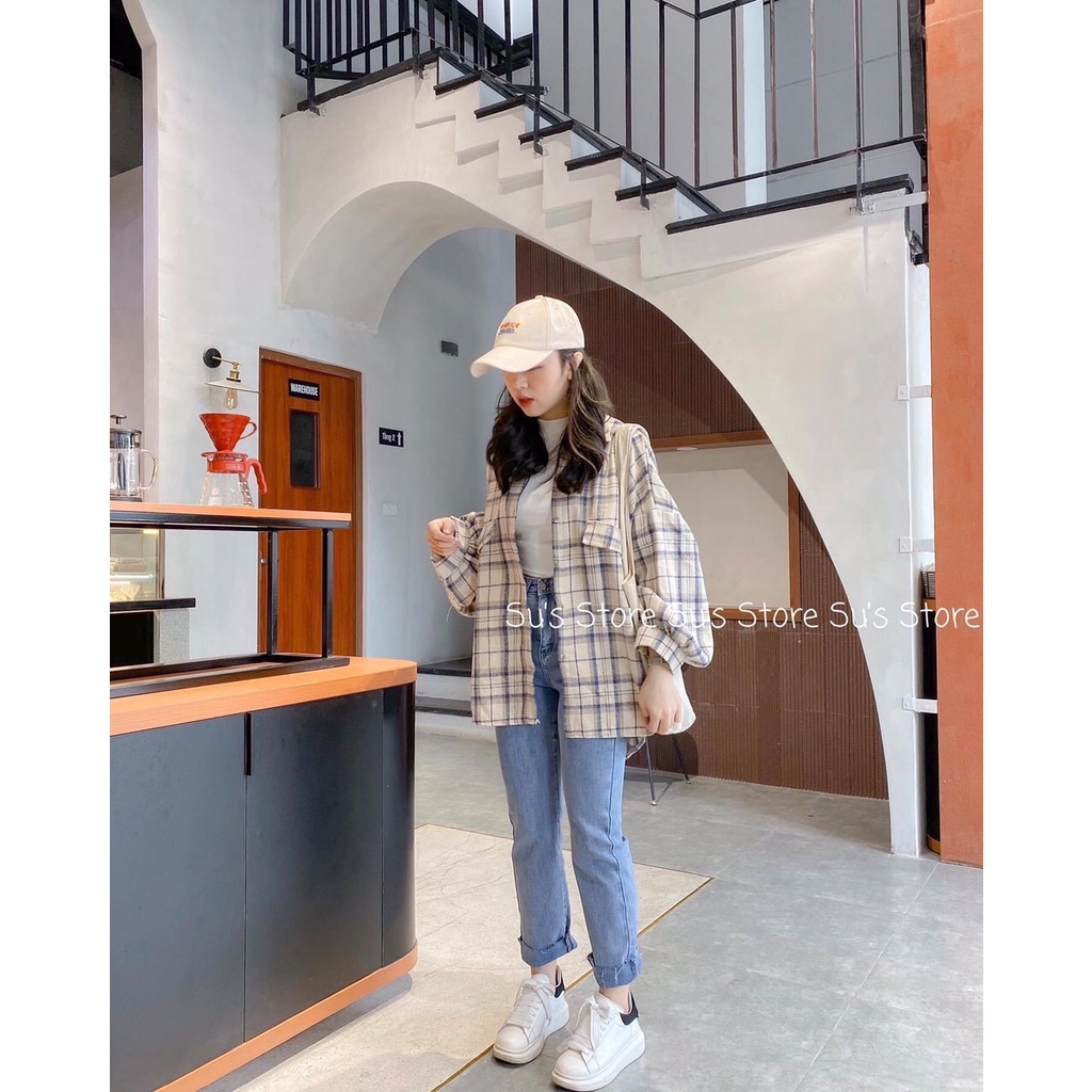 Áo sơ mi nữ  Áo sơ mi kẻ caro mẫu mới túi lệch tay bồng form rộng unisex  anashop9x