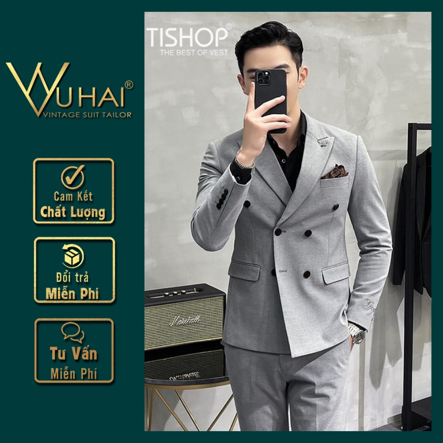 Vest Nam đẹp 6 cúc màu ghi xám, Áo Blazer nam phong cách Hàn Quốc M033
