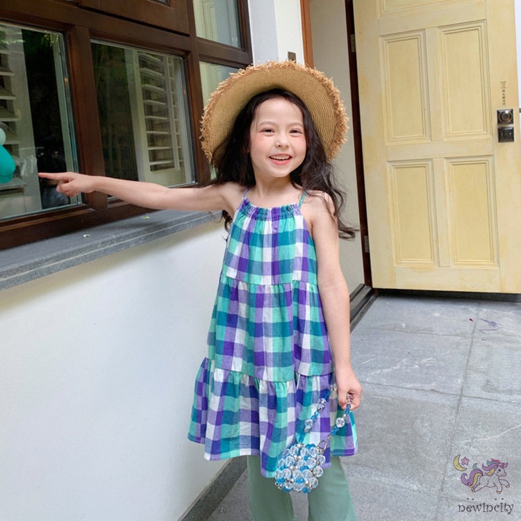 Đầm Sát Nách Đi Biển Mùa Hè In Họa Tiết Kẻ Sọc Phong Cách Hàn Quốc Cho Bé Gái