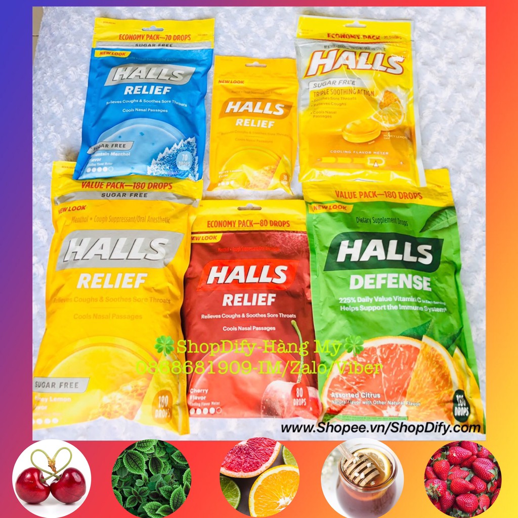 🍓🍋🍒 Kẹo Ngậm Halls USA Mỹ (Sugar Free, Không Đường, Chanh, Dâu, Bạc Hà, 30, 70, 180 viên) 🍯