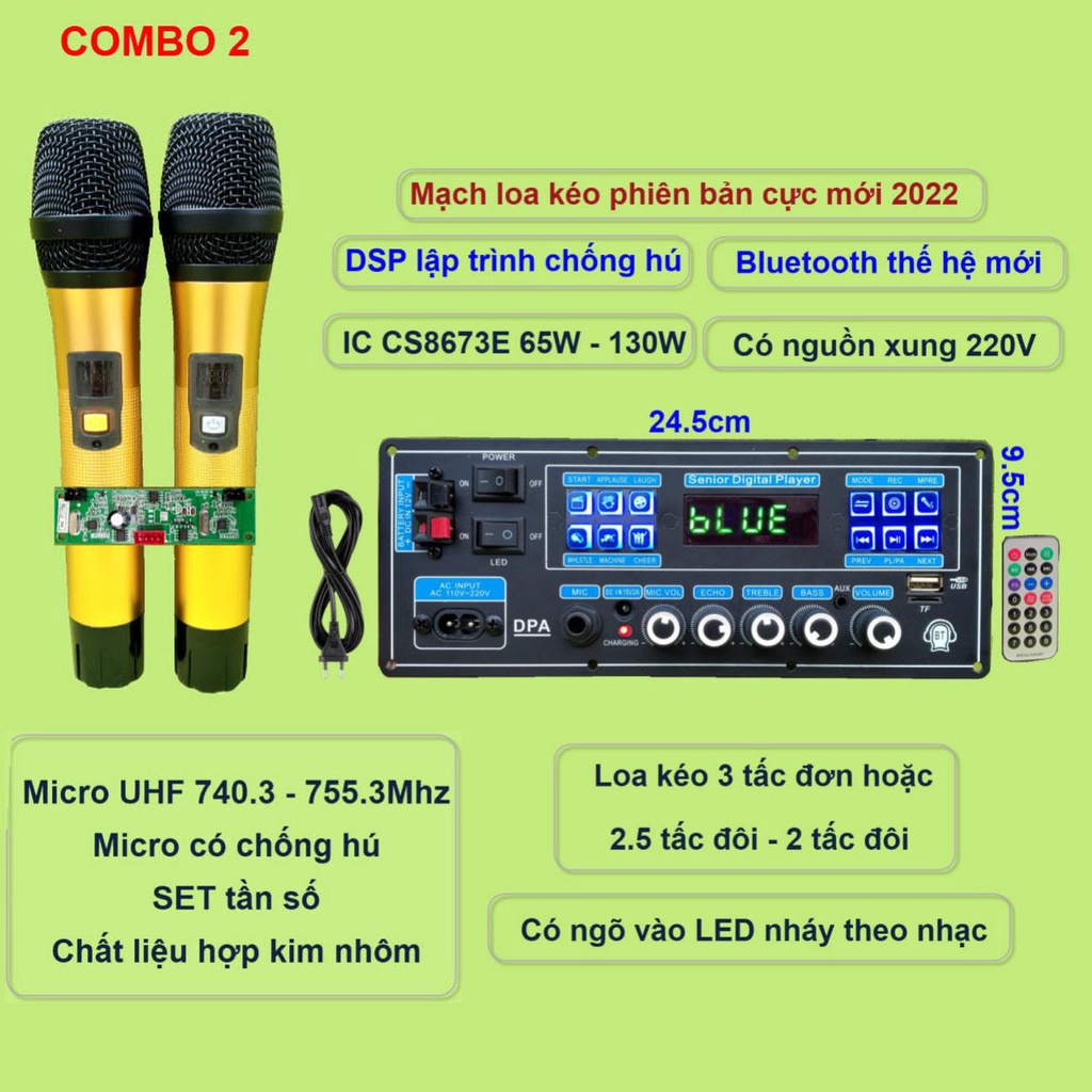 Mạch loa kéo DSP lập trình chống hú IC CS8673E 130W có nguồn xung 220V Bluetooth thế hệ mới kèm micro đôi