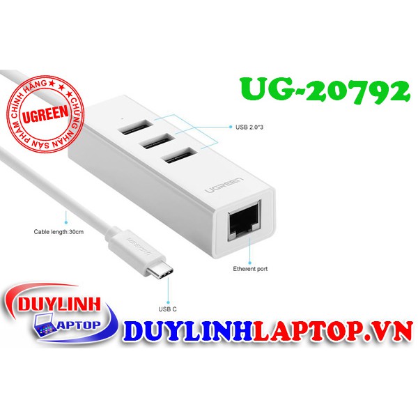 Cáp chuyển đổi USB Type C ra 3 cổng USB 2.0 và 1 cổng Lan Ugreen 20792 | USB C | USB Type C 3.1