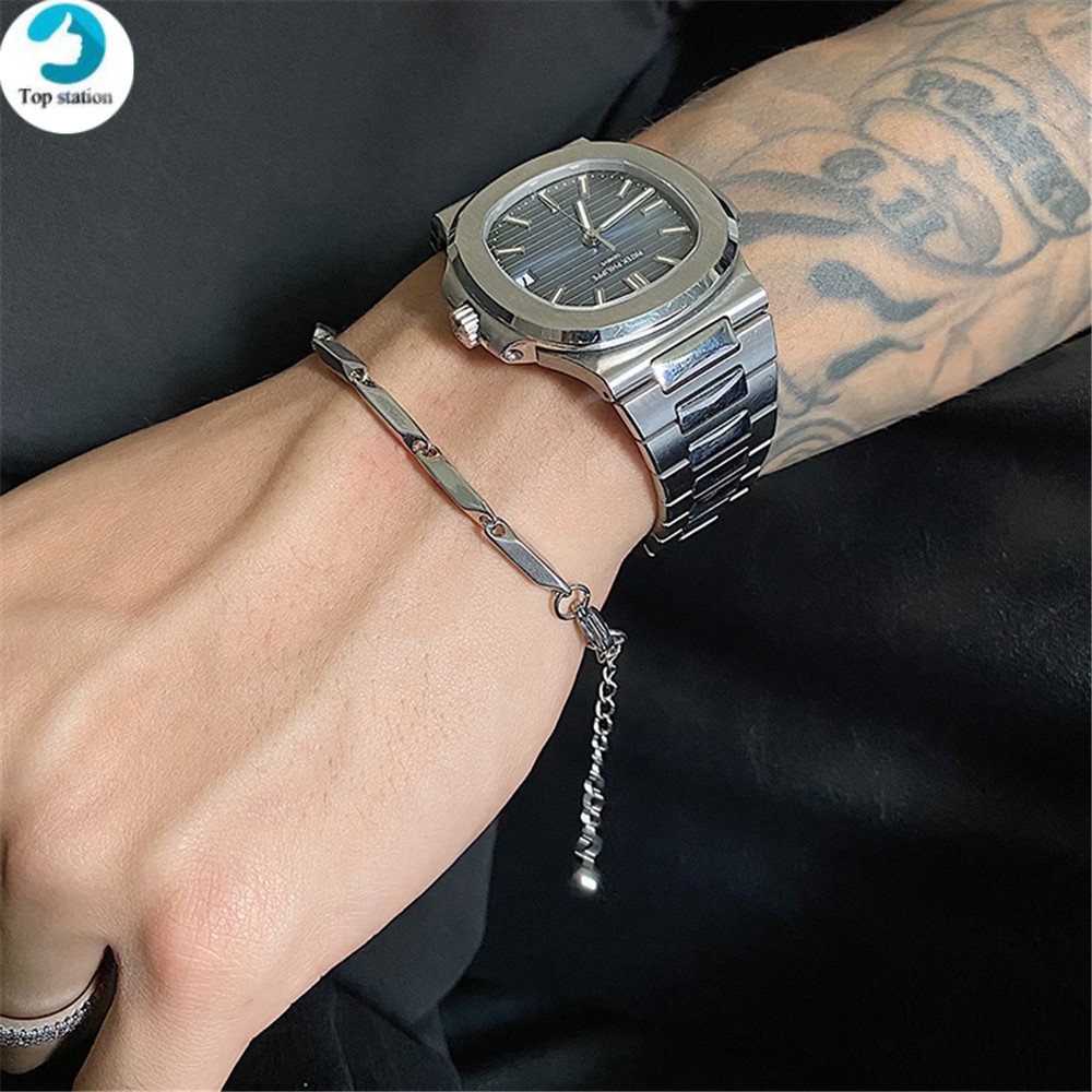 Vòng Tay Thép Không Gỉ Hình Cây Tre Đính Đá Đơn Giản Cho Nam Nữ