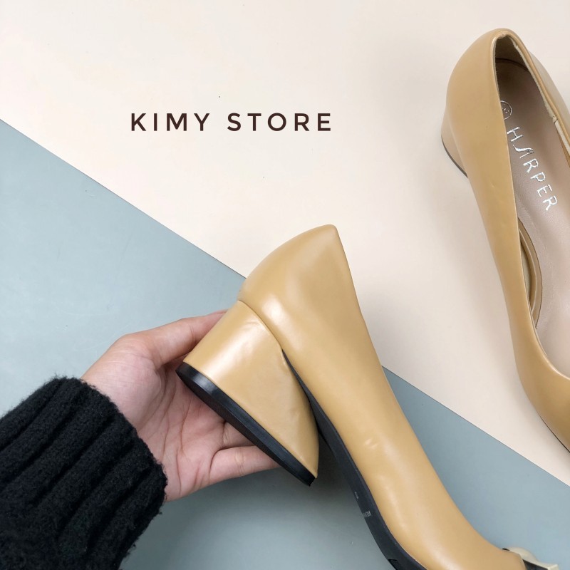 Giày công sở nữ mũi nhọn logo vuông tròn, gót giọt nước cao 3cm - Hàng VNXK - Kimy Store