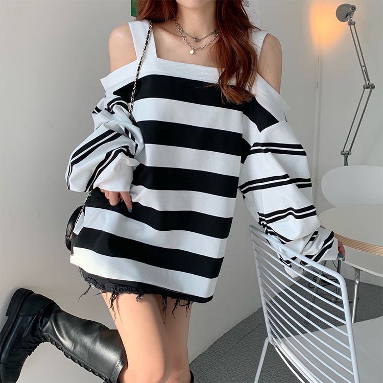 Áo Len Dài Tay Trễ Vai Dáng Rộng Họa Tiết Kẻ Sọc Thời Trang Mùa Thu Hàn Quốc 2020 Xs-4Xl | BigBuy360 - bigbuy360.vn