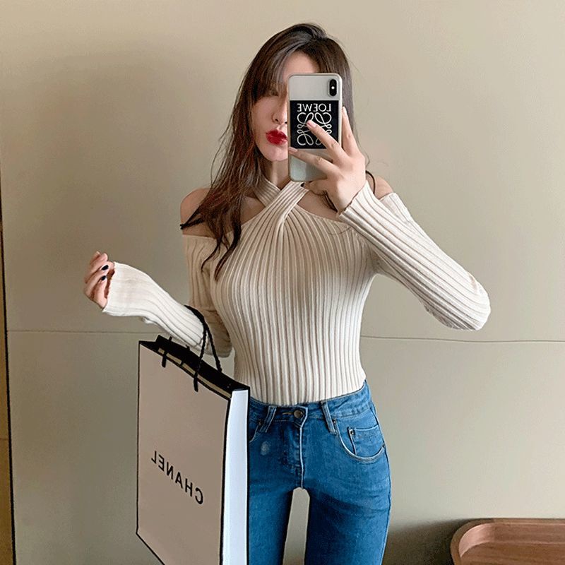 COZOK Áo sweater trễ vai thiết kế dây đan chéo quyến rũ