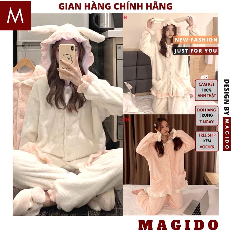 bộ ngủ lông 💚bộ lông mặc ngủ mùa đông -tai thỏ viền bèo hồng trắng, phong cách ulzzang, vintage CUTE MAGIDO | BigBuy360 - bigbuy360.vn