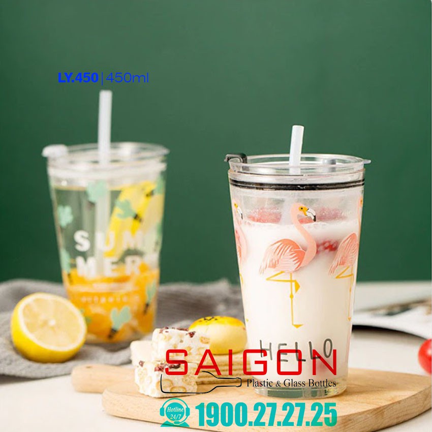 Ly Thủy Tinh Chia Vạch Có in hình Ngộ nghĩnh | Kèm Nắp Nhựa Ngăn Tràn