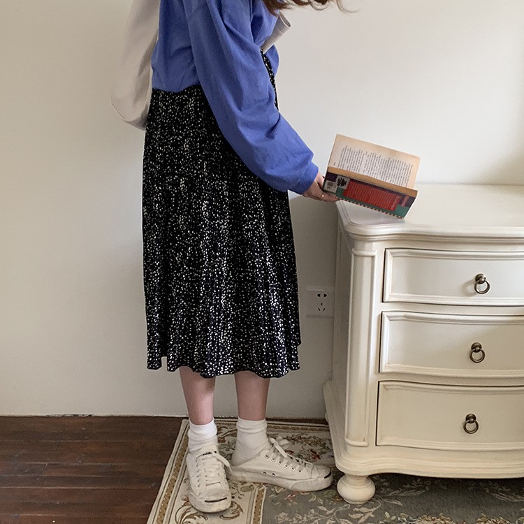 Chân váy Midi dài Hoa nhí Xếp ly Lưng cao Dáng chữ A Ulzzang Hàn Quốc Chân váy dài Cạp cao Mùa Hè Thời trang | BigBuy360 - bigbuy360.vn