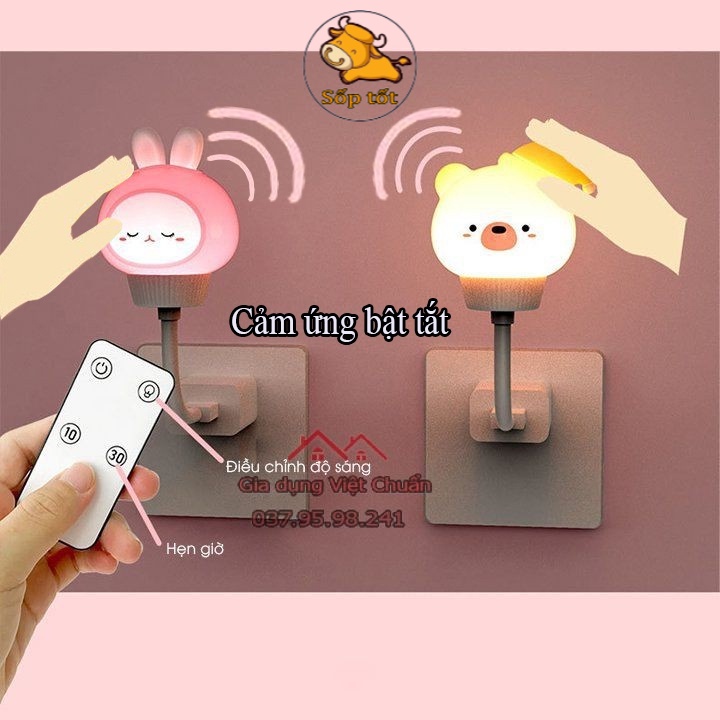 Đèn ngủ cắm điện USB hoặc sạc dự phòng cảm ứng 3 mức sáng có điều khiển hẹn giờ gấu thỏ