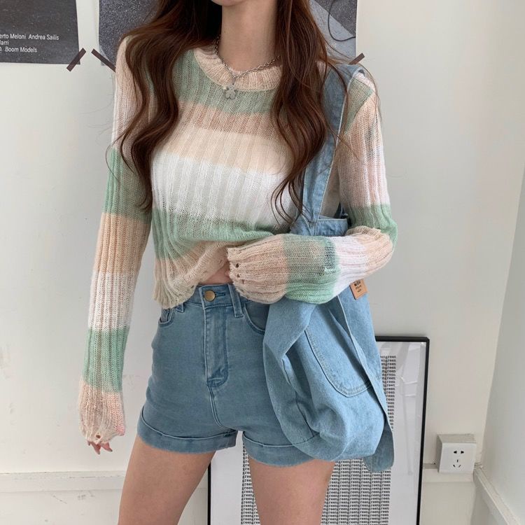 Áo sweater Mỏng Cổ Tròn Mềm Mại Phối Màu Tương Phản Phong Cách Hàn Quốc Thời Trang Xuân Thu Cho Nữ