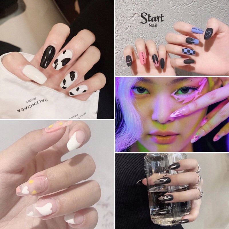Set 24 móng giả họa tiết bò sữa | ngọn lửa | da báo [kèm keo + dũa móng]