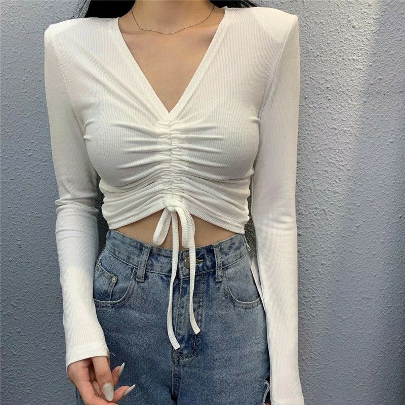 Áo Croptop cổ V nhún ngực rút dây Hot Trend Áo kiểu nữ ôm chất thun Cao Cấp gân mềm mát