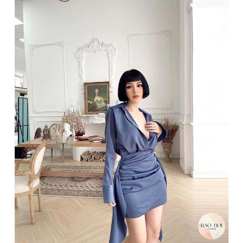 Váy sơ mi lụa nhún, Váy lụa cao câp, Bảo Bối Clothing