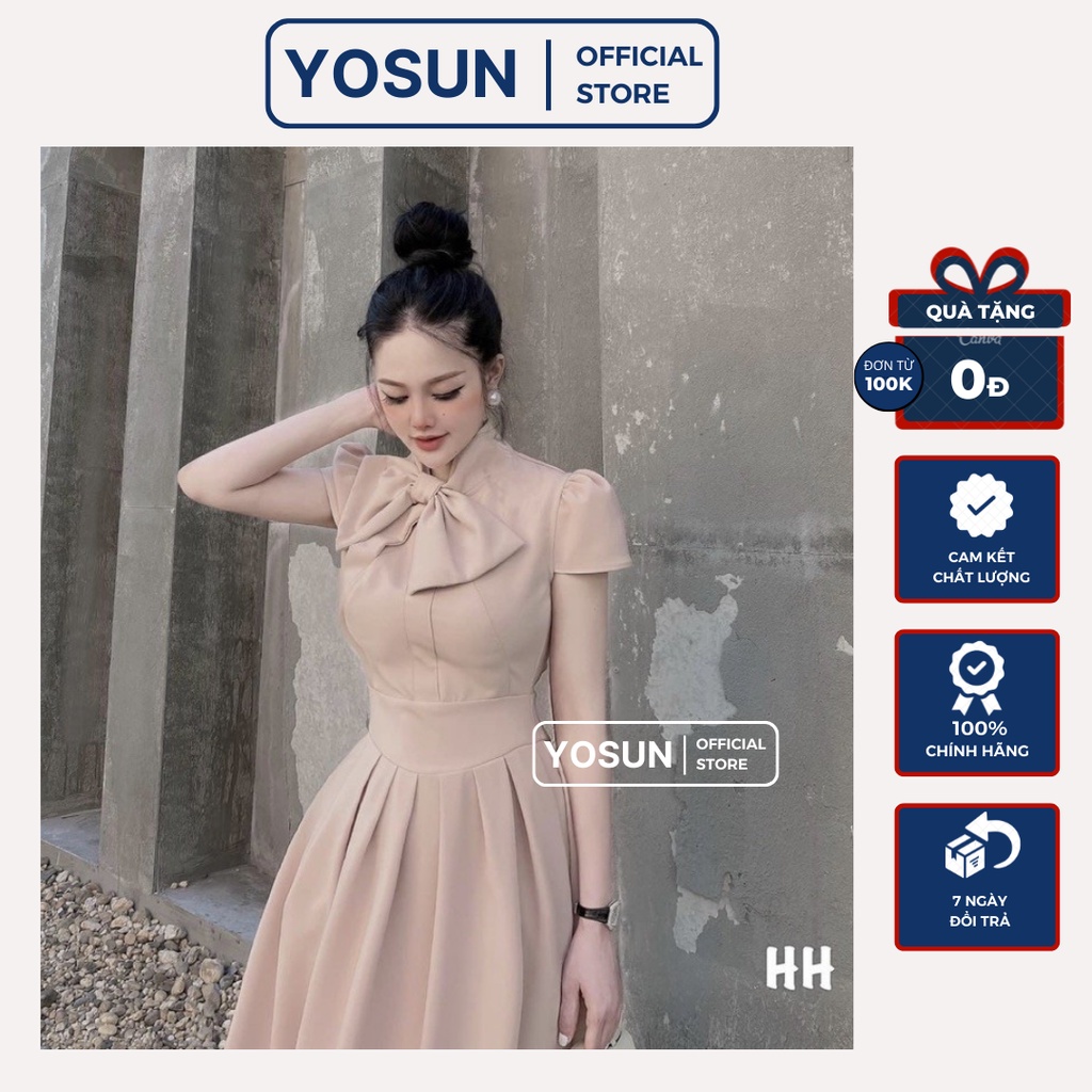 Đầm Nữ Dự Tiệc Nơ Cổ Tay Ngắn Xếp Li Eo Sang Trọng, Đầm Nữ Form Dài Dáng Xòe Màu Kem Trắng