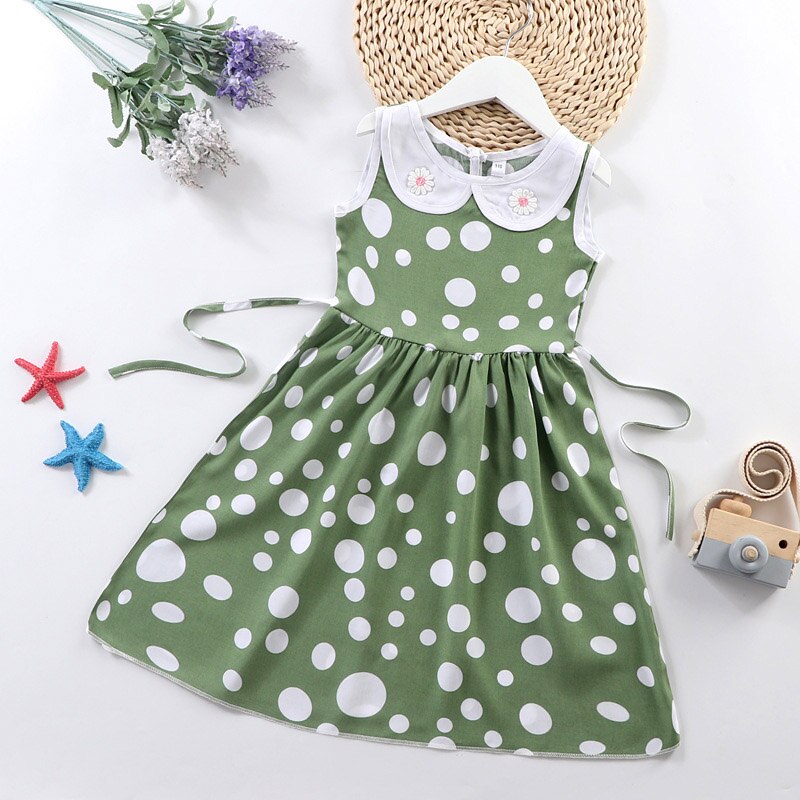 Đầm Mùa Hè Không Tay Cổ Peter pan In Họa Tiết Chấm Bi Màu Xanh Lá Dành Cho Bé Gái 4-7 Tuổi