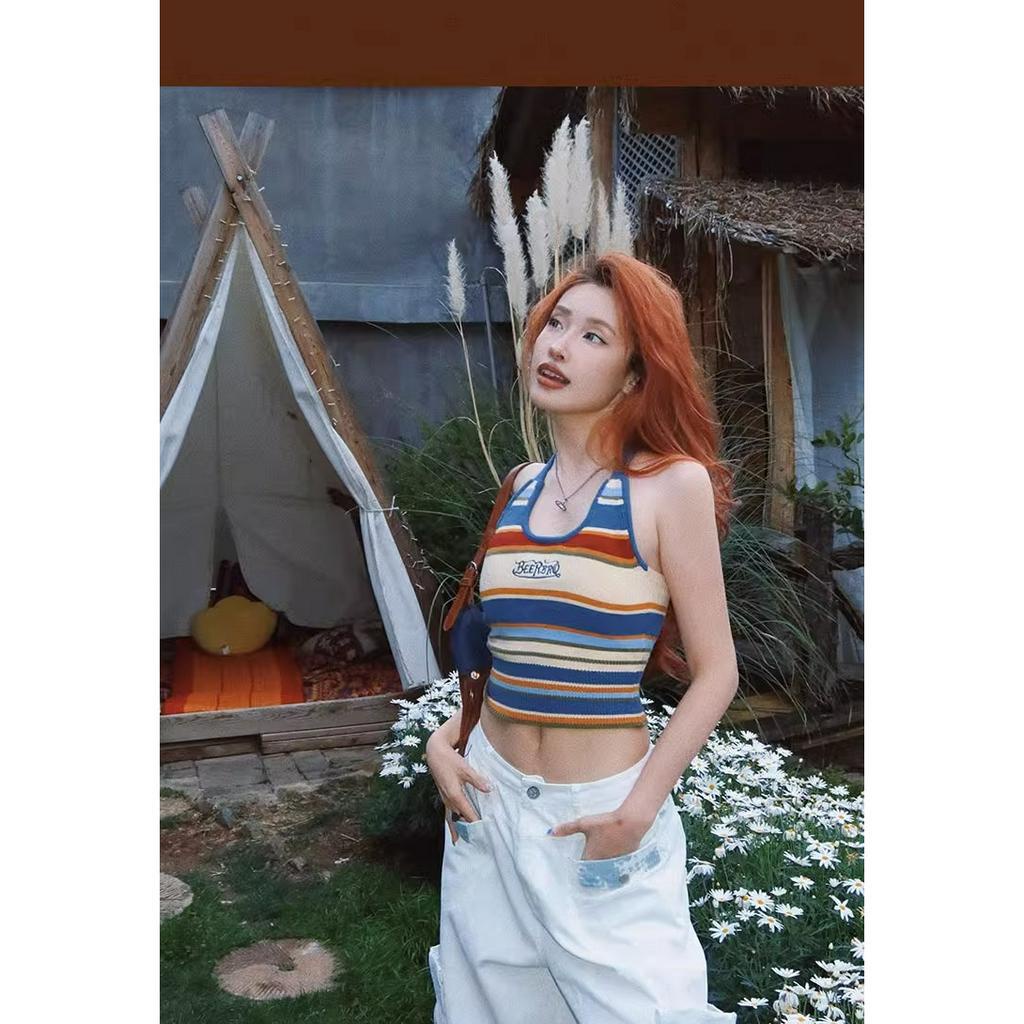 Fine Studio Áo Không Tay Cổ Yếm Kẻ Sọc Nhiều Màu Sắc Phong Cách Sang Trọng Mỹ Thích Hợp Đi Nghỉ Mát Mùa Hè