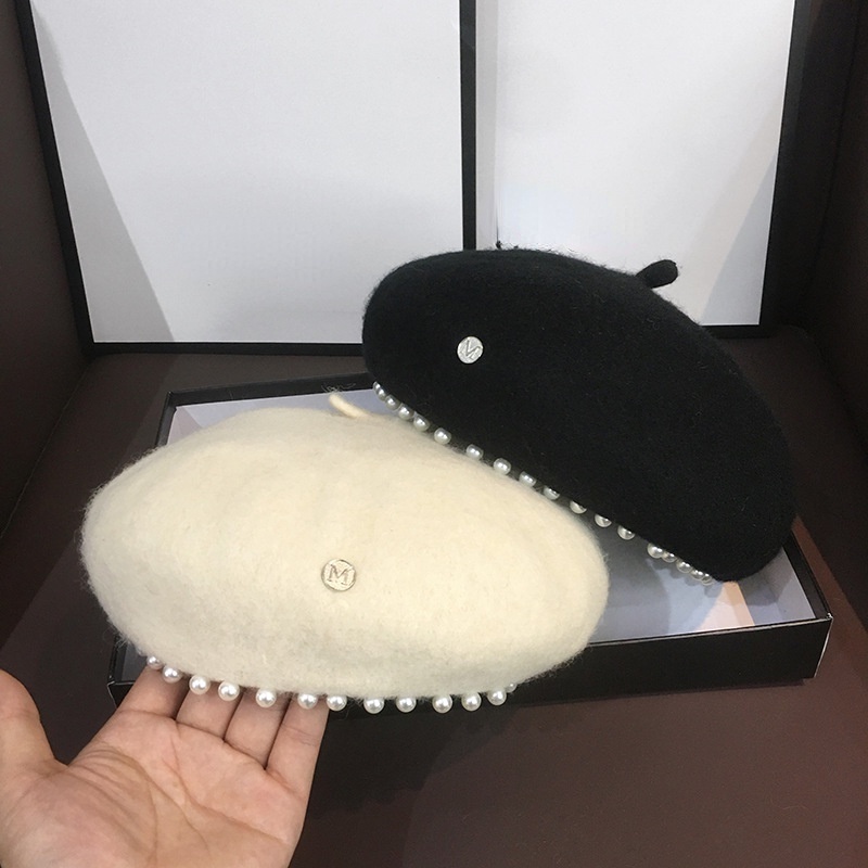 Mũ beret vải len tuýt đính ngọc trai phong cách Anh Quốc cổ điển xuân thu