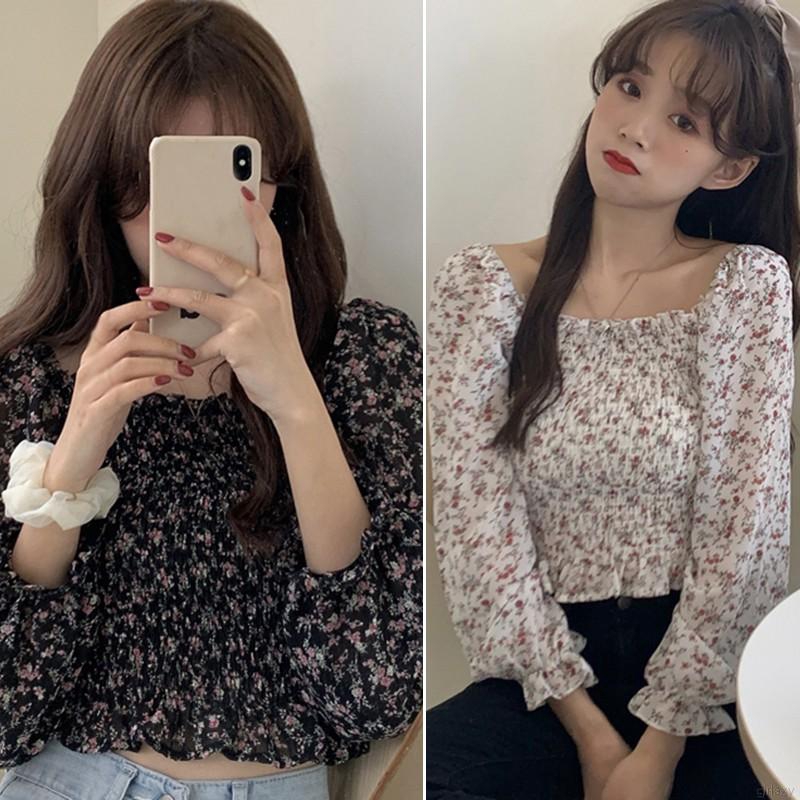 Áo voan xếp ly cổ vuông họa tiết hoa nhỏ xinh xắn cho bạn gái | BigBuy360 - bigbuy360.vn