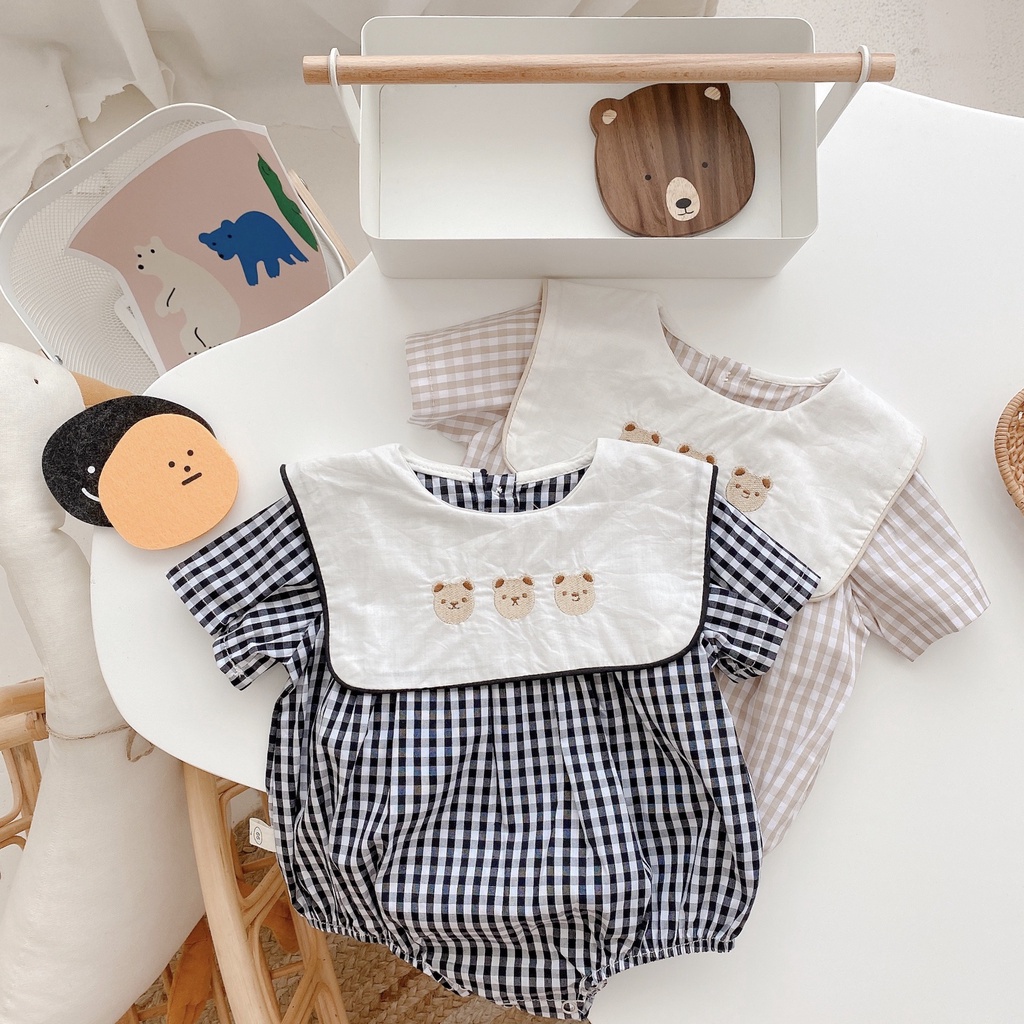 Áo Liền Quần Cổ Vuông Thêu Hình Gấu Dễ Thương Cho Bé Gái
