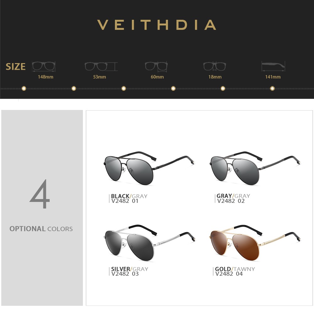 Kính Râm VEITHDIA 2482 Phân Cực Cổ Điển Với Tròng Phủ Phong Cách Unisex