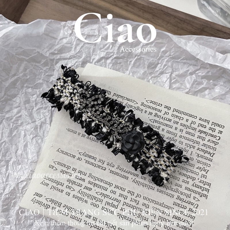 [HOẢ TỐC 1H] Kẹp tóc/ Phụ kiện tóc vải tweed đính charm mã gam đen 22 sang trọng Ciao accessories