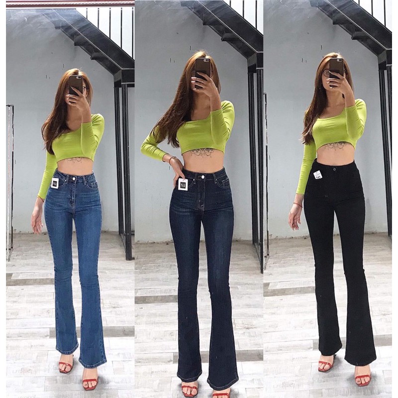 Quần bò loe dáng dài VNXK xanh đậm