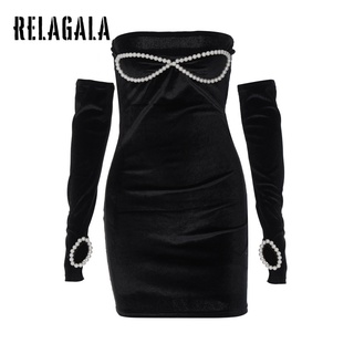 RelaGala Nữ Màu Trơn Ống Top Ngọc Trai Cắt Áo Tay Gợi Cảm