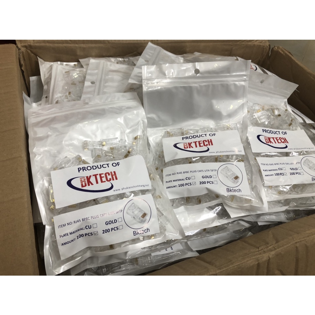 Hạt mạng BKTECH đồng nguyên chất - Gói 100 hạt, Hạt Mạng Golden Japan Cat5 Cat6