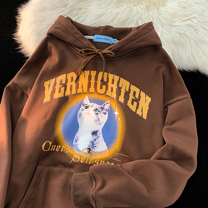 Áo hoodie ZHELIHANGFEI form rộng in hình mèo phong cách retro xinh xắn cho nữ