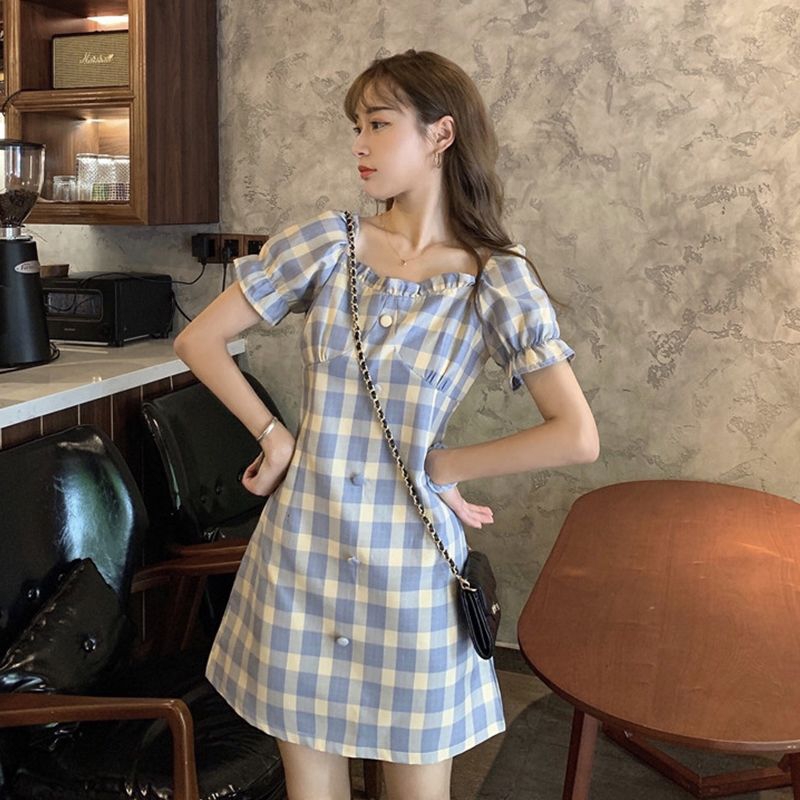 Đầm chữ A tay phồng họa tiết sọc caro phong cách Hàn Quốc đáng yêu cho nữ | BigBuy360 - bigbuy360.vn