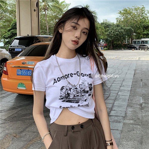Áo Thun Croptop Ngắn Tay Form Ôm In Họa Tiết Phong Cách retro