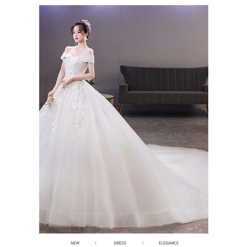 ~ ~ Đầm Cưới Dài Ngang Một Vai Phong Cách Cung Điện Pháp Nhẹ Nhàng Đơn Giản Phong Cách Mới 2024