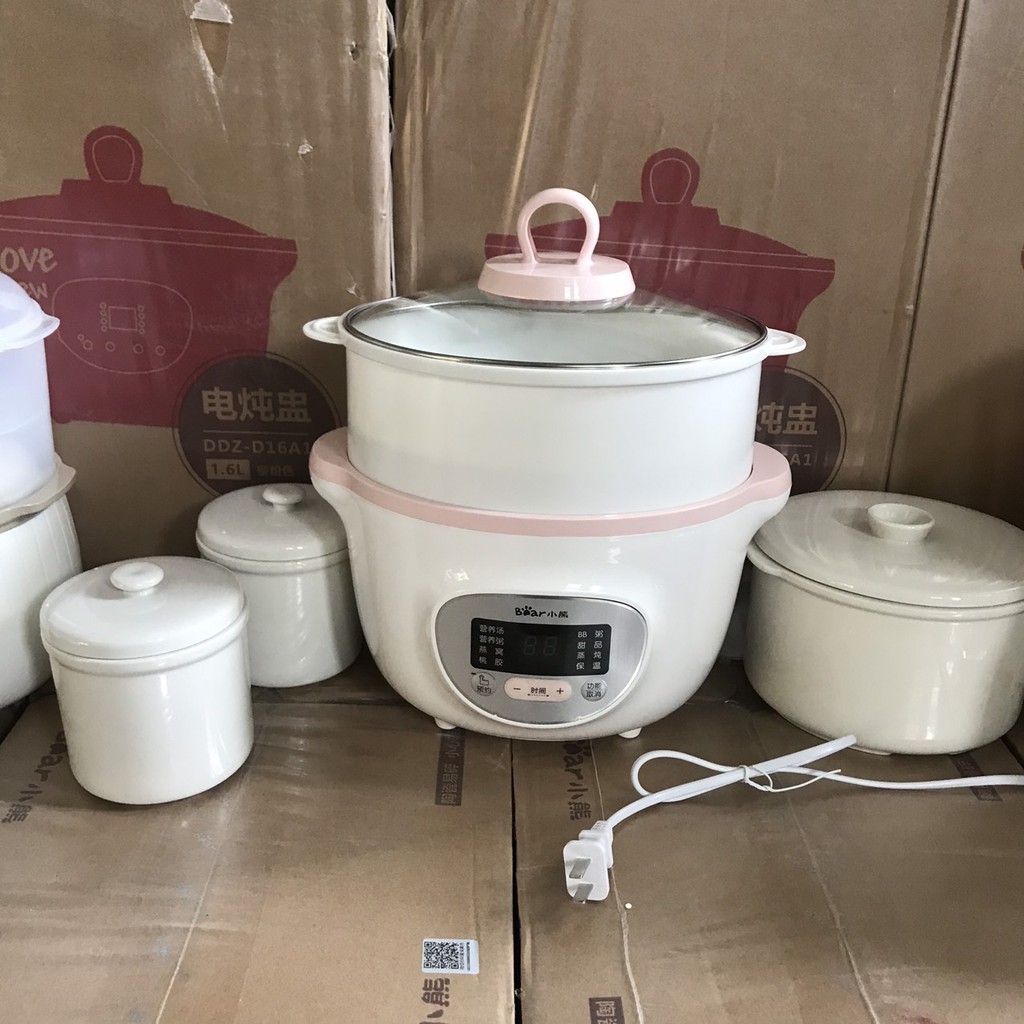 Nồi nấu cháo chậm, ninh, hầm cách thủy BEAR 1.6 lít - Bản đủ với 3 thố sứ và lồng hấp rau củ quả - [Bản quốc tế]