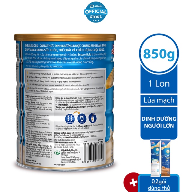 Sữa bột Ensure Gold Lúa mạch (HMB) 850g