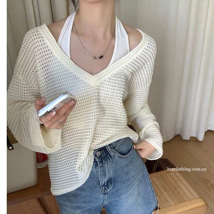 Áo ZHELIHANGFEI vải dệt kim tay dài cổ chữ V dáng rộng quyến rũ dễ phối đồ