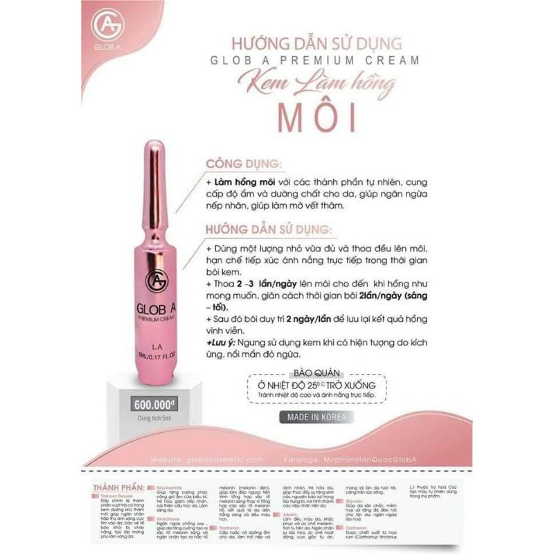 Kem làm hồng Glob A Premium Cream nhũ hoa NA, vùng kín bikini WA hồng môi LA , sáng nách bẹn khử thâm BA 5ml Hàn Quốc | BigBuy360 - bigbuy360.vn