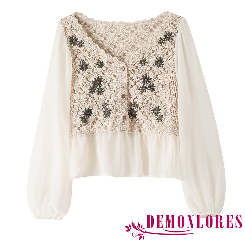 Áo Sơ Mi Chiffon Tay Dài Cổ Chữ V Thêu Hoa Thời Trang Mùa Thu Cho Nữ