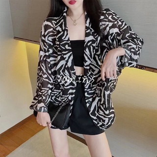 Áo khoác vest vải chiffon dáng dài họa tiết ngựa vằn thời trang phong cách mùa hè Hàn Quốc cho nữ