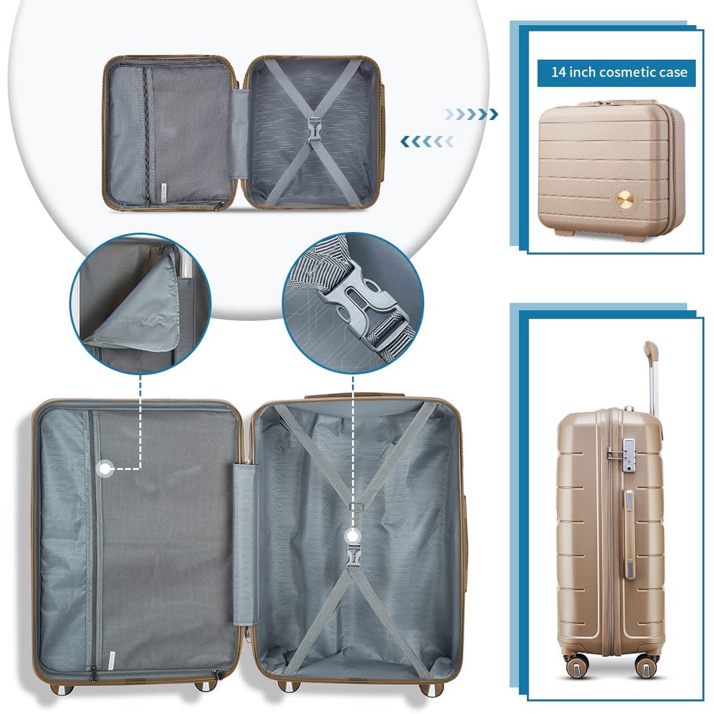 Vali du lịch Cao Cấp Sea Choice 1921 Nhựa PP nhẹ Size 14+20/24/28'' 7 màu khóa số TSA và dây kéo YKK 4 bánh quay 360 độ