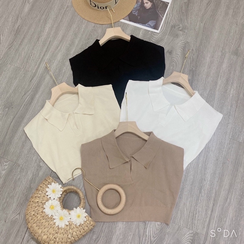 Áo len croptop cổ bẻ v tay hến